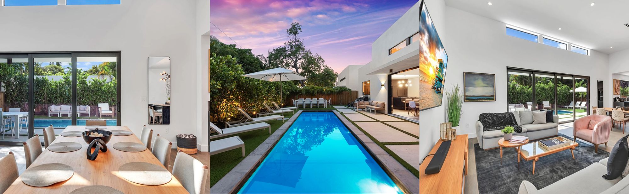 Collage of Villa Capri showcasing the elegant dining area, outdoor greenery with a pool, and a cozy living room with a comfortable couch.