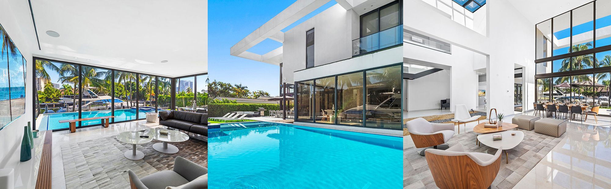Luxuri's Villa Okasa collage featuring three images: a spacious living room with a view of a yacht and swimming pool, an exterior view of the house and pool, and an interior view of the living room with a dining area.